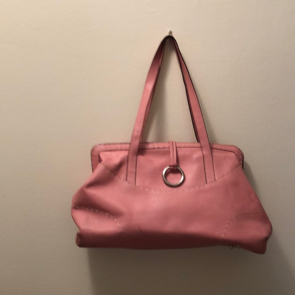 BCBG Max Azria pink leather bag w/white stitching